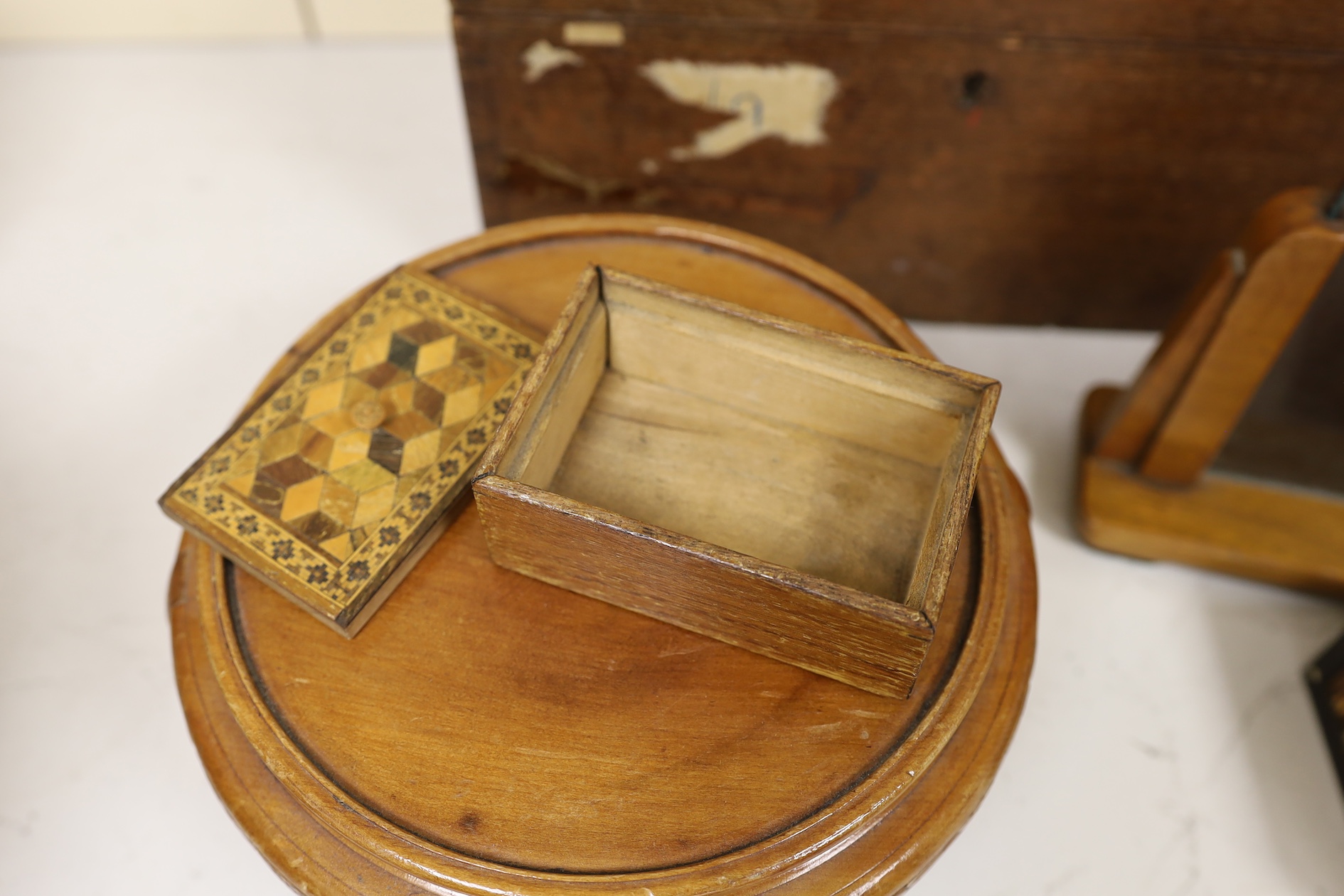 A Chinese stand, a Tunbridge ware box, a quill box, photo frame icon two prints and a box, Chinese stand 21cm. Condition - poor to fair to good